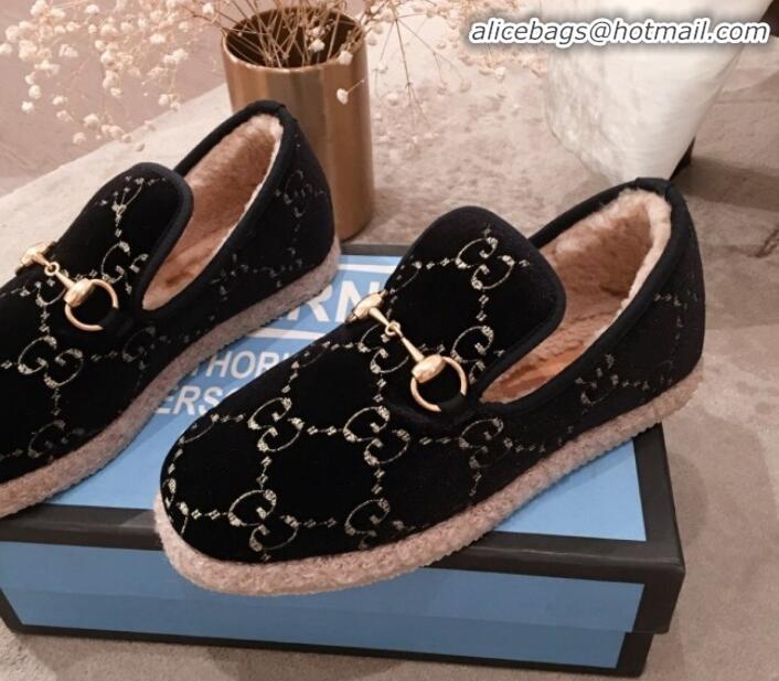 Good Quality Gucci GG Wool Lining Flat Horsebit Loafers 575850 Black/Dark Blue