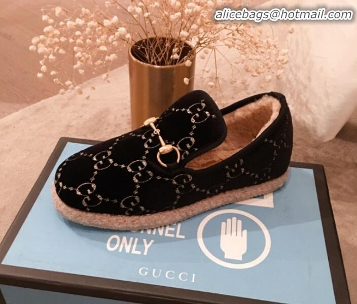 Good Quality Gucci GG Wool Lining Flat Horsebit Loafers 575850 Black/Dark Blue