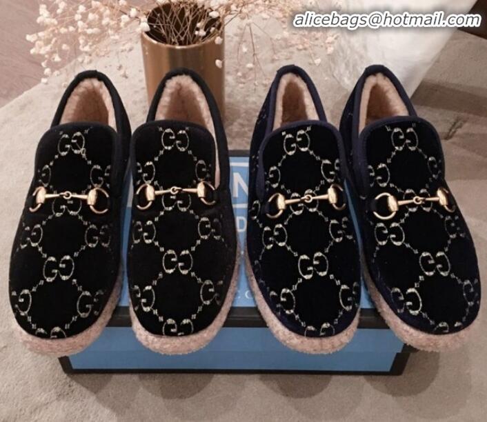 Good Quality Gucci GG Wool Lining Flat Horsebit Loafers 575850 Black/Dark Blue