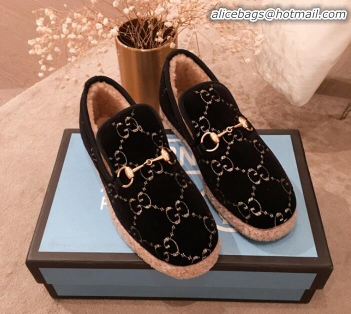 Good Quality Gucci GG Wool Lining Flat Horsebit Loafers 575850 Black/Dark Blue