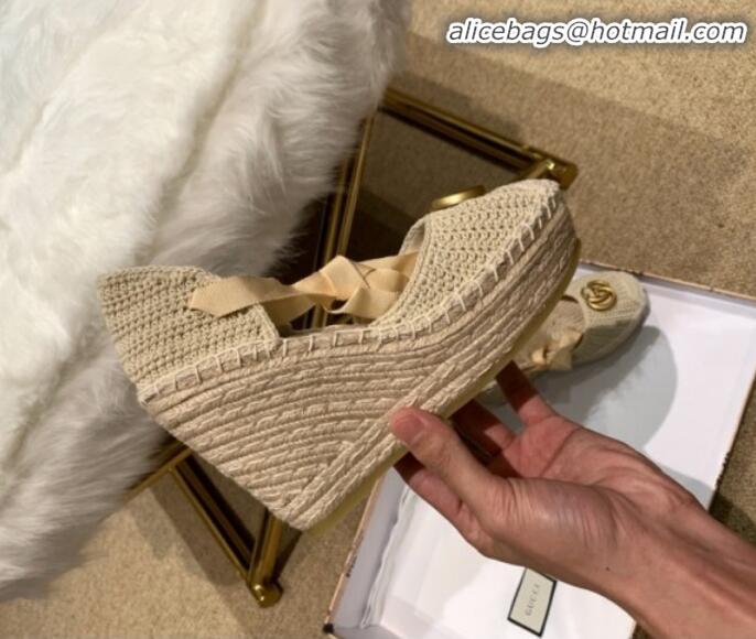 New Style Gucci Knit Platform Wedge Espadrilles G82752 Light Beige