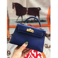 Top Quality Hermes original mini Kelly chevre mysore K19CM blue&Gold Metal