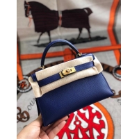 Top Quality Hermes original mini Kelly chevre mysore K19CM blue&Gold Metal