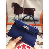 Pretty Style Hermes original mini Kelly chevre mysore K19CM blue&silver Metal