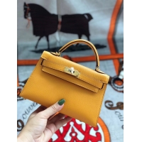 Shop Grade Hermes original mini Kelly chevre mysore K19CM Mango yellow&Gold Metal