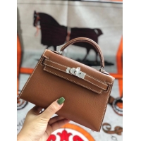 Super Quality Hermes original mini Kelly chevre mysore K19CM brown&silver Metal