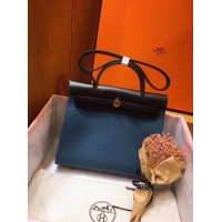 Top Grade Hermes Herbag 31CM Original Canvas Leather & Calfskin 45987 Blue&Black