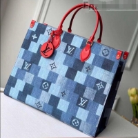 Fashion Discount Louis Vuitton Monogram Damier Denim Canvas Onthego Tote Bag M44992 Blue/Red