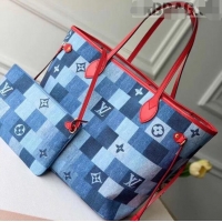 Promotional Louis Vuitton Neverfull MM Tote Bag in Damier Monogram Denim Canvas M44981 Blue/Red