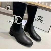 Luxurious Chanel Calfskin and Knit Fabric CC Flat Fold Short Boots Black/White 2019 (DLY-9101926 )