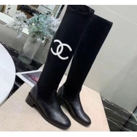 Unique Style Chanel Calfskin and Knit Fabric CC Flat Fold High Boots Black/White 2019 (DLY-9101927 )