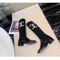 Unique Style Chanel Calfskin and Knit Fabric CC Flat Fold High Boots Black/White 2019 (DLY-9101927 )