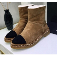 Luxury Cheap Chanel Suede Wool Chain Trim Flat Short Boots G34113 Brown 2019 (JINC-9102453 )