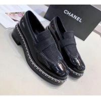 Lower Price Chanel Fabric and Patent Leather Chain Loafers G35317 Black 2019