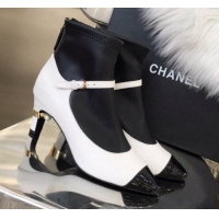 Luxury Chanel Mary Jane Mid-Heel Short Boot in Leather Patchwork G11312 White 2019