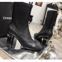 Best Price Chanel Leather Crystal Logo Mid-Heel Short Boot G11316 Black 2019