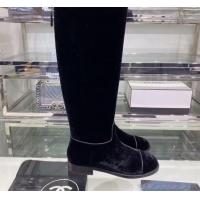 Best Luxury Chanel Velvet Chain Flat High Boots G35099 Black 2019 