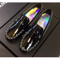 Custom Chanel Patent Calfskin Rainbow Lining Chain Flat Loafers G35631 Black 2020