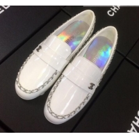 New Style Chanel Patent Calfskin Rainbow Lining Chain Flat Loafers G35631 White 2020