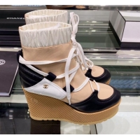 Shop Duplicate Chanel Lace-ups Platform 12cm Short Boots G35303 Beige/Black/White 2019 