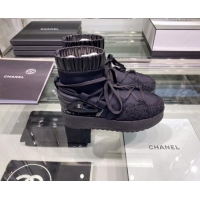 Top Design Chanel Tweed Trim Lace-ups Platform Short Boots G35303 All Black 2019