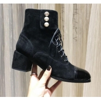 Discount Chanel Suede Pearls Lace-up Short Boots G21217 Black 2019