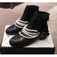 Luxury Discount Chanel Pearl Chain Buckle Short Boots G21619 Black 2019 