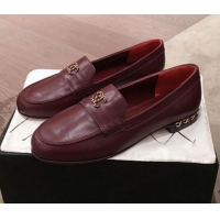 Fashion Chanel Lambskin Chain Leather Trim Loafers G22022 Burgundy