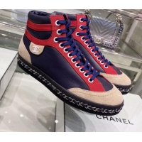 Lowest Cost Chanel Lambskin Chain Leather High-top Sneakers G35600 Navy Blue 2020