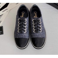 Best Design Chanel Pearl Fabric Sneakers G23128 Navy Blue 2020 