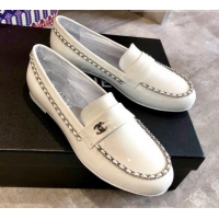 Stylish Chanel Patent Leather Chain Flat Loafers G35631 White 2020