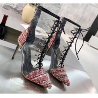 Good Quality Chanel Tweed Transparent Lace-up High-Heel Short Boots G11619 Red 2020