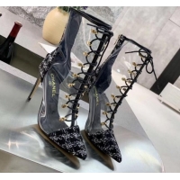 Sophisticated Chanel Tweed Transparent Lace-up High-Heel Short Boots G11620 Black 2019