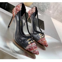 Elegant Chanel Tweed Transparent Lace-up High-Heel Pumps G11623 Red 2020