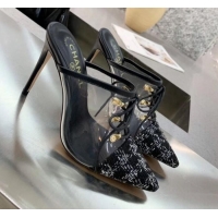 Best Price Chanel Tweed Transparent Lace-up High-Heel Mules G11627 Black 2020