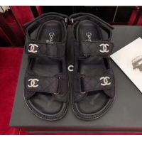 Pretty Style Chanel Canvas Strap Crystal CC Flat Sandals G3445 Black 2020