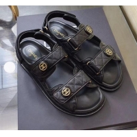 Hot Style Chanel Chain Leather Strap Flat Sandals G3445 Black/Gold 2020