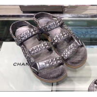 Best Product Chanel Chain Leather Strap Flat Sandals G3445 Silver 2020