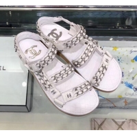 Luxury Chanel Chain Leather Strap Flat Sandals G3445 White 2020