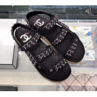 Good Quality Chanel Chain Leather Strap Flat Sandals G3445 Black 2020