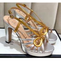 New Style Gucci Metallic Leather Cutout Bow High-Heel Platform Sandals G81257 Gold/Silver