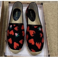 Fashion Gucci Strawberry Print Silk Espadrilles G81531 Black 2020