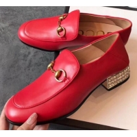  Popular Style Gucci Horsebit Leather Loafer with Crystals Heel 523097 Red