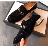 Top Design Gucci Horsebit GG Velvet Loafer with Crystals Heel 522698 Black