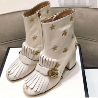 Good Looking Gucci Embroidered Leather Fringe Mid-heel Ankle Short Boot 551545 White 