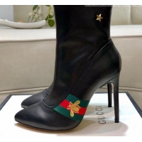 Discount Gucci Leather High-heel Short Boot with Web and Bee G81614 Black