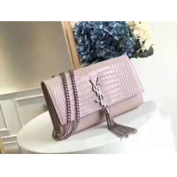 Top Quality Yves Saint Laurent Crocodile Original Leather Shoulder Bag 1456 Pink&Silver