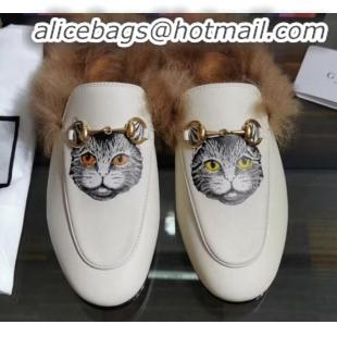 Affordable Price Gucci Princetown Calfskin Wool Slipper with Mystic Cat Print G91138 White