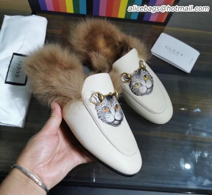 Affordable Price Gucci Princetown Calfskin Wool Slipper with Mystic Cat Print G91138 White