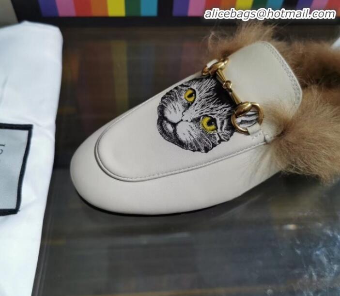 Affordable Price Gucci Princetown Calfskin Wool Slipper with Mystic Cat Print G91138 White